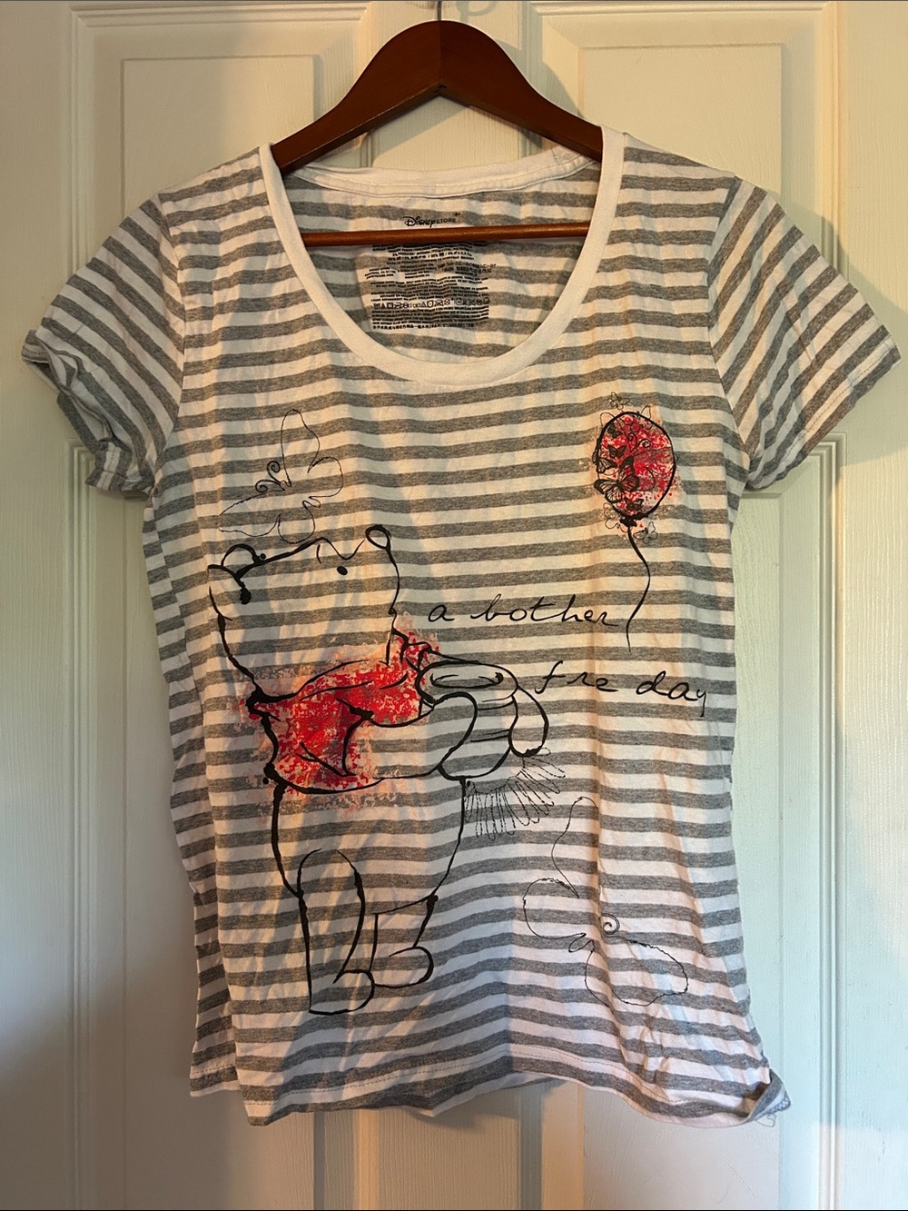 Disney Women’s Gray & White Striped Winnie the Pooh Tee with Red Graphic